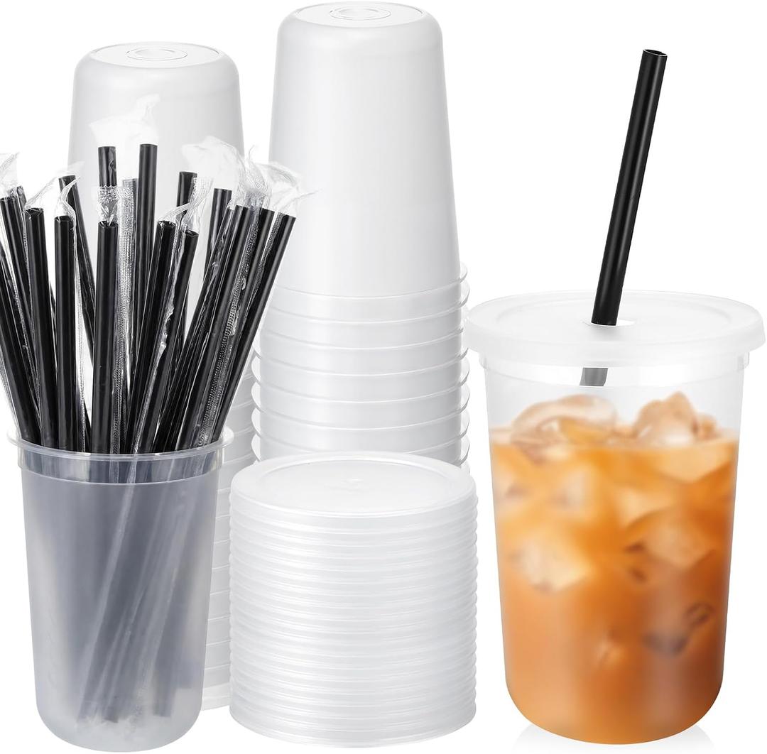 Lounsweer 15 Pcs Clear Reusable Cups with Straws and Lids, Plastic Frosted Round Bottom Ice Coffee Cups Travel Mug Tumbler for Beverage Water Party Birthday Disposable Drinkware (16oz,Black)