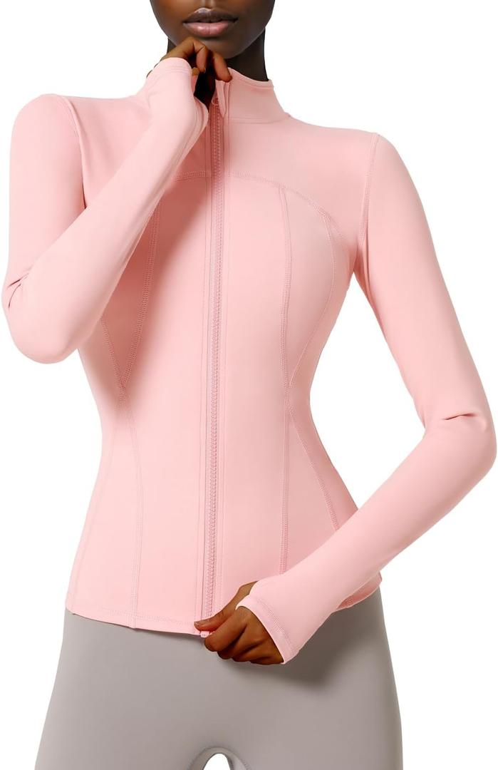 Locachy Women's Slim Fit Full Zip Athletic Running Sports Workout Jacket with Thumb Holes (X-Large, Style 02 Pink)