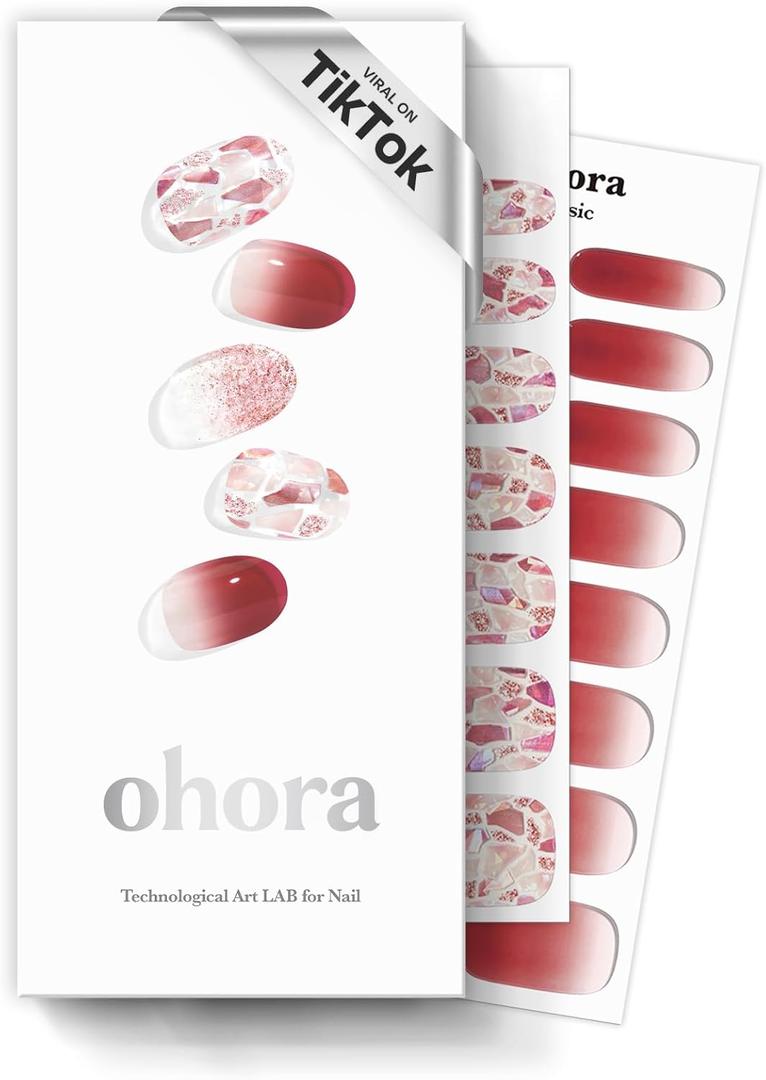 ohora Semi Cured Gel Nail Strips (N Brilliant) - Red, Patterned, Works with Any UV/LED Lamps, Salon-Quality, Long Lasting, Easy to Apply & Remove - Includes 2 Prep Pads, Nail File & Wooden Stick