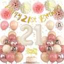 21st Birthday Decorations for Her Retro Blush Pink Birthday Balloons Happy 21st Banner Cake Topper Pom Poms Dusty Rose Gold Number 21 Balloon for Girl 21 Year Old Bday Party Decoration Supplies