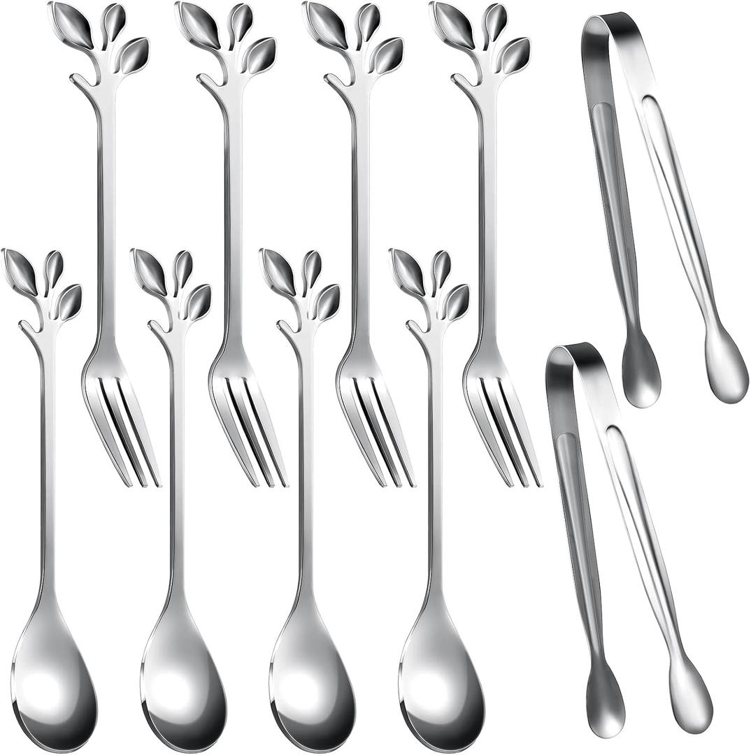 Sieral 10 Pieces Leaf Coffee Spoons, Mini Serving Tongs and Appetizer Forks Stainless Steel Sugar Cube Tongs Dessert Spoons Metal Dinner Forks for Dessert Coffee Tea (Silver)