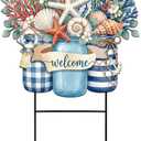 Amyhill Summer Outdoor Decor Coastal Garden Stake 25 Inch Metal Ocean Welcome Yard Sign with Seashell Starfish, Outdoor Nautical Decor for Patio Lawn Walkway Beach Themed Decorations