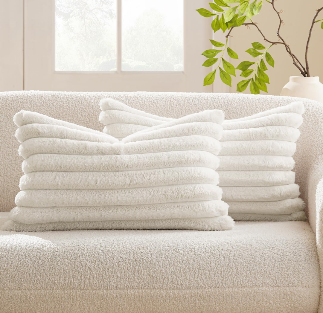Bedelite Faux Fur Plush Decorative Throw Pillow Covers Set of 2 Luxury Soft Fluffy Striped Cute Pillowcases Cushion for Spring Sofa Couch Bed Living Room White 20×24 Inch