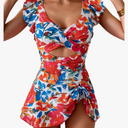 Swimdress Swimsuit for Women Tummy Control Ruffle Swim Dress Skirt V Neck Cutout Wrap Bathing Suit, 2 XL