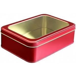 hadaaya Red Metal Party Favor Tin Box with Clear Lid – Multipurpose Storage Container for Cookies, Jewelry, Crafts, Gifts, Pencils & More – Perfect Christmas Gifting Tin – 7.25 x 5.25 x 2.25 Inches