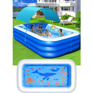 Inflatable Pool with Canopy,Upgraded Inflatable Swimming Pool for Kids,Adult,Large Inflatable Blow up Pools,Ocean Theme Oversized Thickened 105"x75"x25"Inflatable Family Pools for Backyard-Light Blue