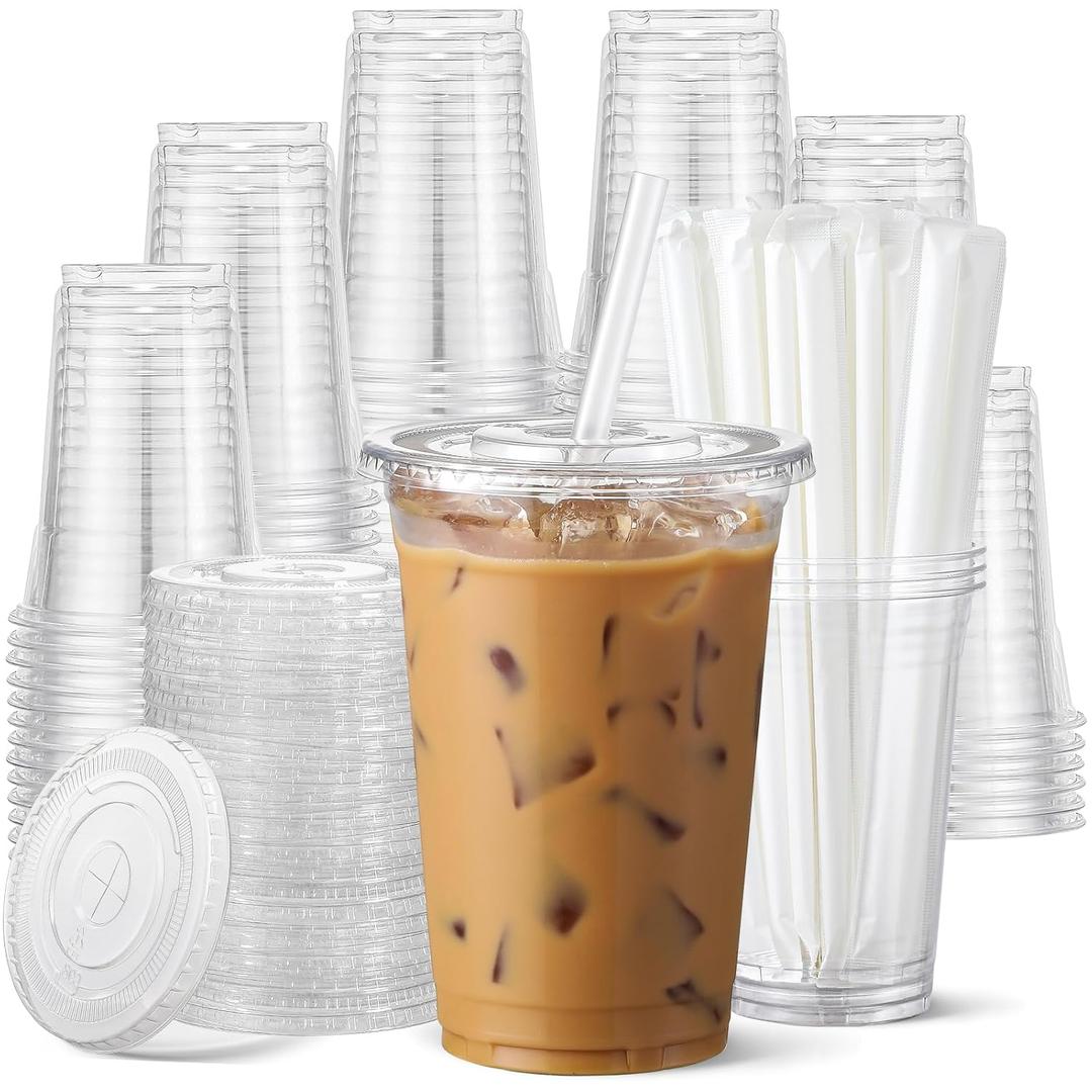 AOZITA 100 Pack - 16 oz Clear Plastic Cups with Lids and Straws, Food Safe Disposable Iced Coffee Cups for Cold Beverages, Smoothies, Iced Coffee, Leak-Proof, BPA-Free