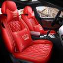 Crown Car Seat Covers Full Set, Premium Leather Waterproof Anti-Slip Automotive Interior Protector for Cars, SUVs, Pickup, Trucks & Sedans (Red+Beige Line)