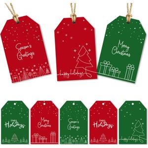 Christmas Gift Tags with String - 80 Red & Green Holiday Tags, 8 Minimal Line-Art Designs - 350gsm Christmas Name Tags for Gifts & Presents