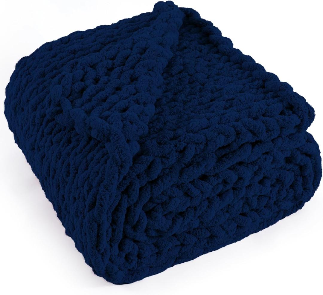 Chunky Knit Throw Blanket 50"X 60", 100% Handmade with Soft Chenille Yarn, 4.4lbs Thick Cable Knitted Blankets, Large Rope Knot Crochet Throws for Couch Sofa Bed Home Decor, Navy Blue