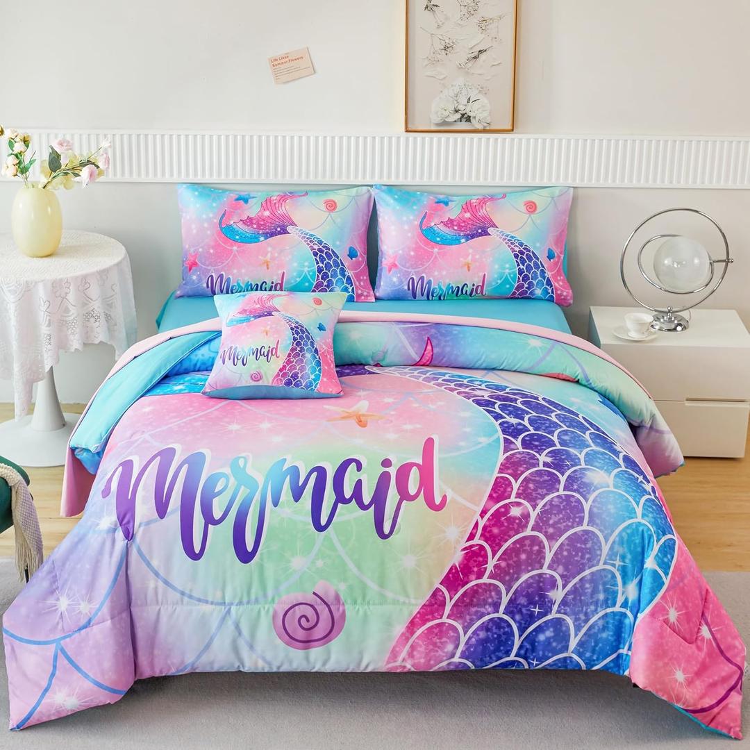 RYNGHIPY Mermaid Full Girls Bedding Set, Colorful Rainbow Kids Girls Comforter Set with Sheets Soft and Lightweight, 6 Pieces Teen Girls Bed in a Bag