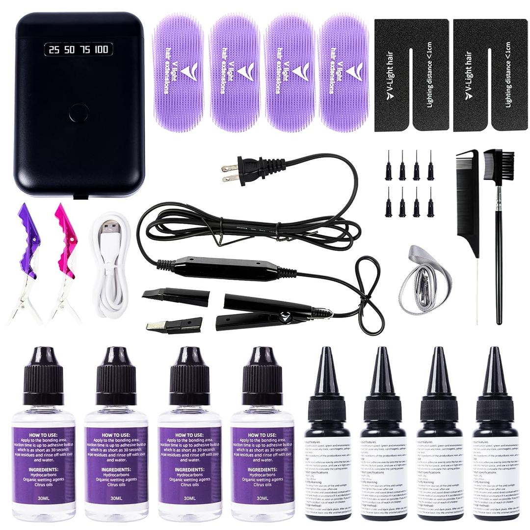 V Light Hair Extensions Kit Mini V Light Hair Extension Set With V Light Lamp*1 V light glue*4 Hair Extensions Remover*4 VLight Remover Machine*1 comb*1 clip*2 for Salon Hairstyles(Black machine set)