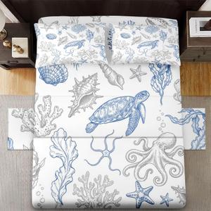 WeCozy 4 Pcs Queen Size Bed Sheet Sets with 2 Pillowcases, Coastal Seashell Starfish Soft Microfiber Bedding for Kids and Adults, Nautical Ocean Flat, Fitted Sheet for Bedroom Bed Decor