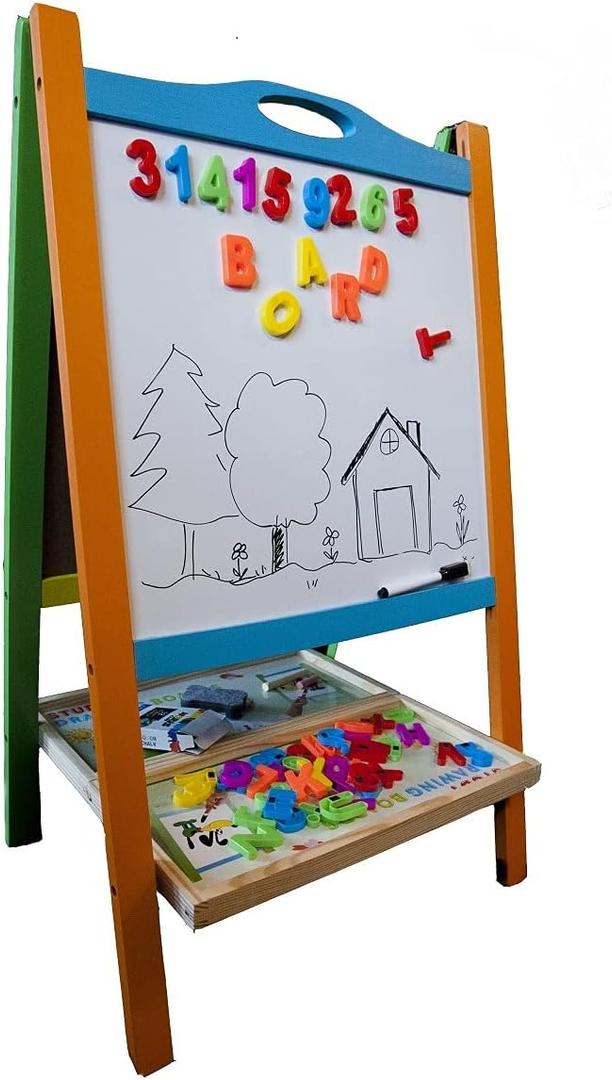 Double Sided Wooden Art Easel for Kids Standing Magnetic Whiteboard Chalkboard Small Toddler Toys. Includes Wooden ABC Numbers. Eco Friendly
