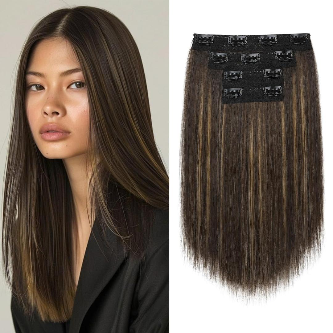 Hair Extensions, 14" Short Clip in Hair Extensions 4PCS Straight Natural Soft Synthetic Hairpiece for Women - Dark Brown with Highlights