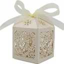 KPOSIYA 100 Pack Love Heart Laser Cut Wedding Party Favor Box Candy Bag Chocolate Gift Boxes Bridal Birthday Shower Bomboniere with Ribbons