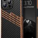 TENDLIN Compatible with iPhone 14 Pro Case Wood Grain with Carbon Fiber Texture Design Leather Hybrid Slim Case (Three Stripe)