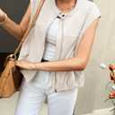 Yousify Womens Zip Up Faux Suede Vest Cropped Cap Sleeve Trendy Casual Pleated Vest Jackets Fall Loose Fit Outerwear (Beige, S)
