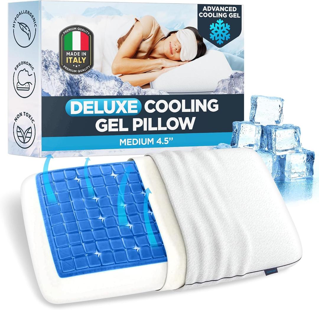 Technogel Deluxe Cooling Gel Pillow - Patented Cooling Technology, Odorless Memory Foam Breathable Ergonomic Support for Side & Back Sleepers with Washable Cover, 4.5" (Medium), Medium Standard 4.5"