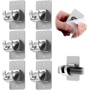 6PCS No Drill Curtain Brackets, Self-Adhesive Rod Holders, Universal Plastic Nail Free Adjustable, Curtain Hooks for Rods Less Than 1.57 Inch Diameter (Sliver)