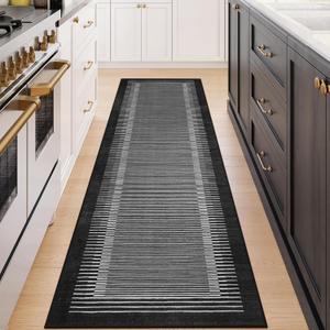 Wonnitar Washable Striped Black Runner Rug for Hallway 2'6"x8', Non-Slip Kitchen Runner Rug, Low Pile Minimalist Soft Rug Runner for Bedroom Hallway Bathroom Laundry Entryway (Black, 2'6" x 8')
