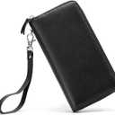 Womens Wallet RFID Blocking Genuine Leather Zip Around Wallet Clutch Wristlet Travel Long Purse for Women (Black)