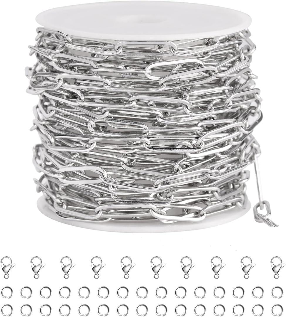 SMYHTGLIF 16.4 Feet Silver Stainless Steel Jewelry Making Chains Oval Paperclip Soldered DIY Necklace Bracelet Chain with Lobster Clasps and Open Jump Rings for Jewelry Making