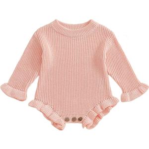 Userdefined Baby Girl Boy Knit Sweater Outfit Solid Romper Ruffle Onesie Cute Baby Jumpsuit Coming Home Fall Winter Clothes (Pink, 0-3 Months)