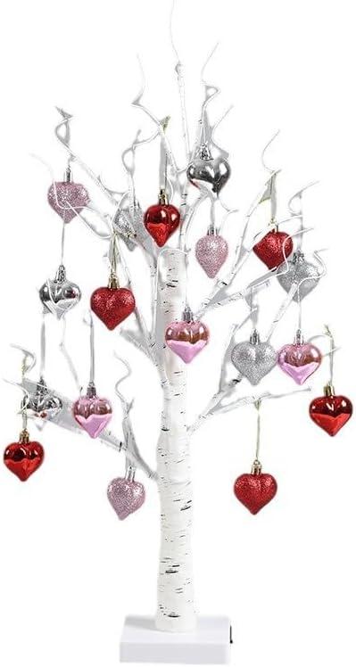 24 Inch Lighted White Birch Tree | Valentines Day Tabletop Decor with Hanging Hearts, Timer & Dual Power (USB/Battery) for Holiday Home Decor