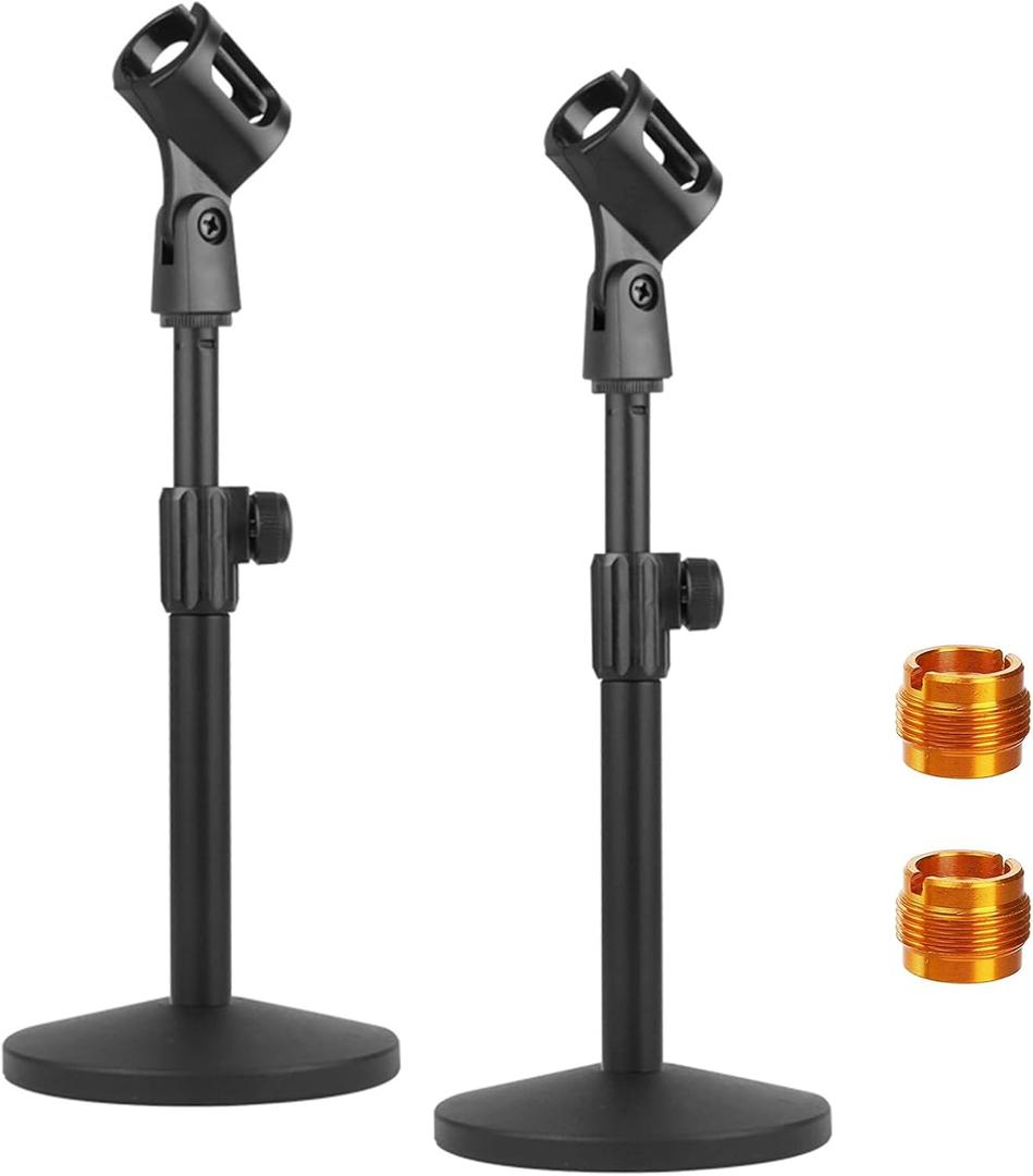 YOUEON 2 Pcs Microphone Stand Desktop, Adjustable Table Mic Stand with Mic Clip and 5/8" Male to 3/8" Female Screw Adapter, Heavy Base, Compatible with Most Mics (style 1)