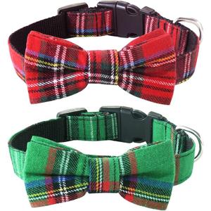 Malier Dog Collar with Bow tie Christmas Classic Plaid Dog Collar with Light Adjustable Buckle Suitable for Small Medium Large Dogs Cats Pets - M