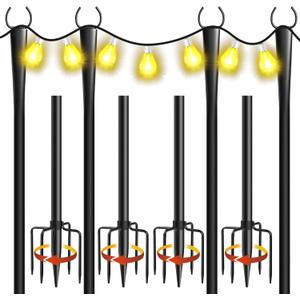 4 Pack 10Ft String Light Poles, Metal Poles with Fork for Outside Lights,Outdoor Metal Light Stand with Fence Brackets Hanging Lights for Garden Patio Wedding Backyard Deck Party
