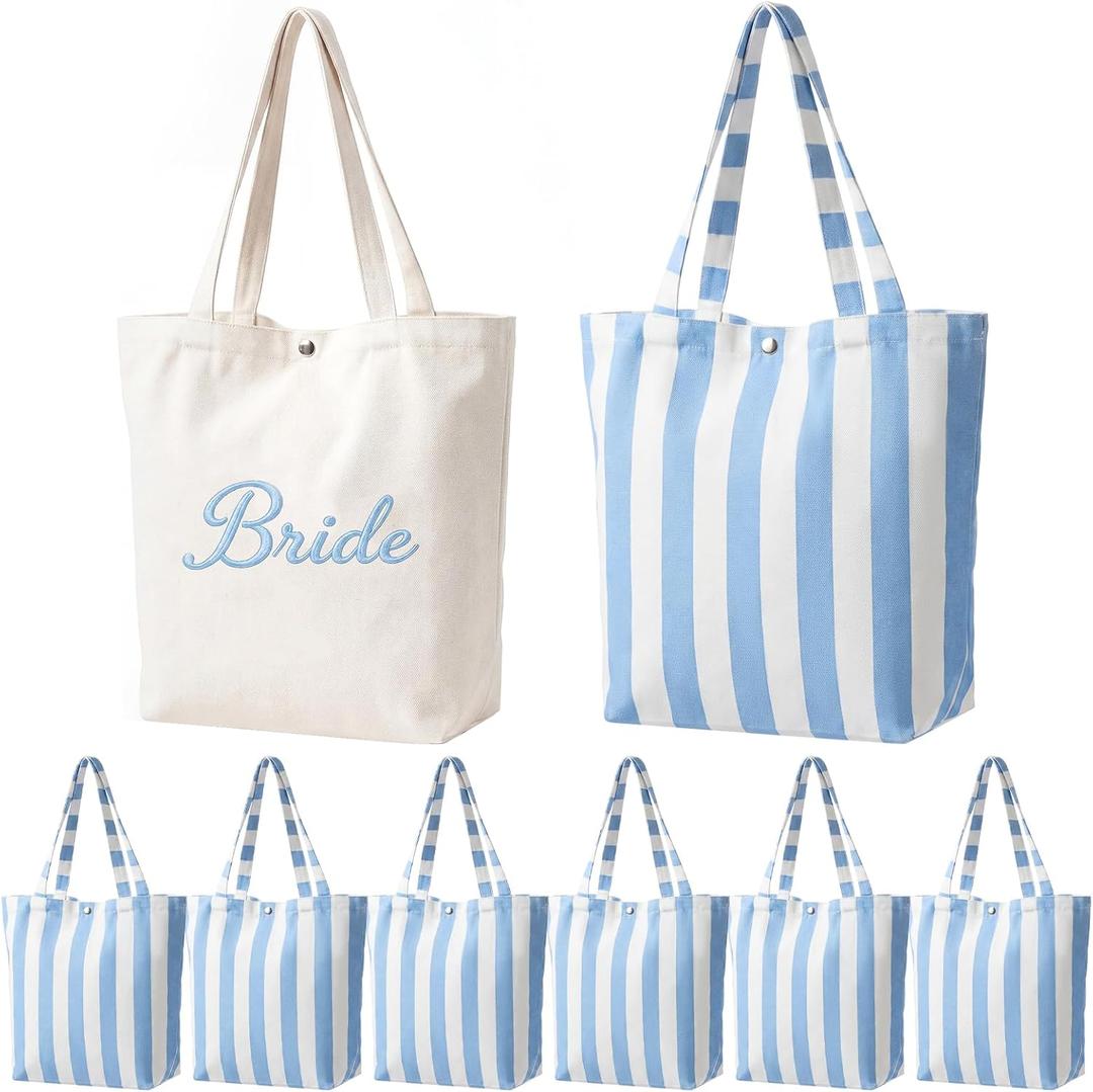 Blue Striped Tote Bag with Handle Beach Bridesmaid Canvas Bag for Bachelorette Bridal Shower Summer Party Wedding