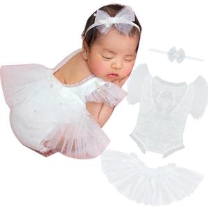 M&G House White Lace Girl Rompers - Newborn Photography Props, Pearl Lace Photoshoot Outfits, Halloween (Short Sleeve, 0-2Months)