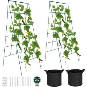 Foldable Cucumber Trellis, 46" L x 18" W A-Frame 2 Pack Cucumber Trellis for Raised Bed Garden Vegetable Grow Supports, Steel Trellis with Twist Ties & Plant Bags for Climbing Plants Outdoor