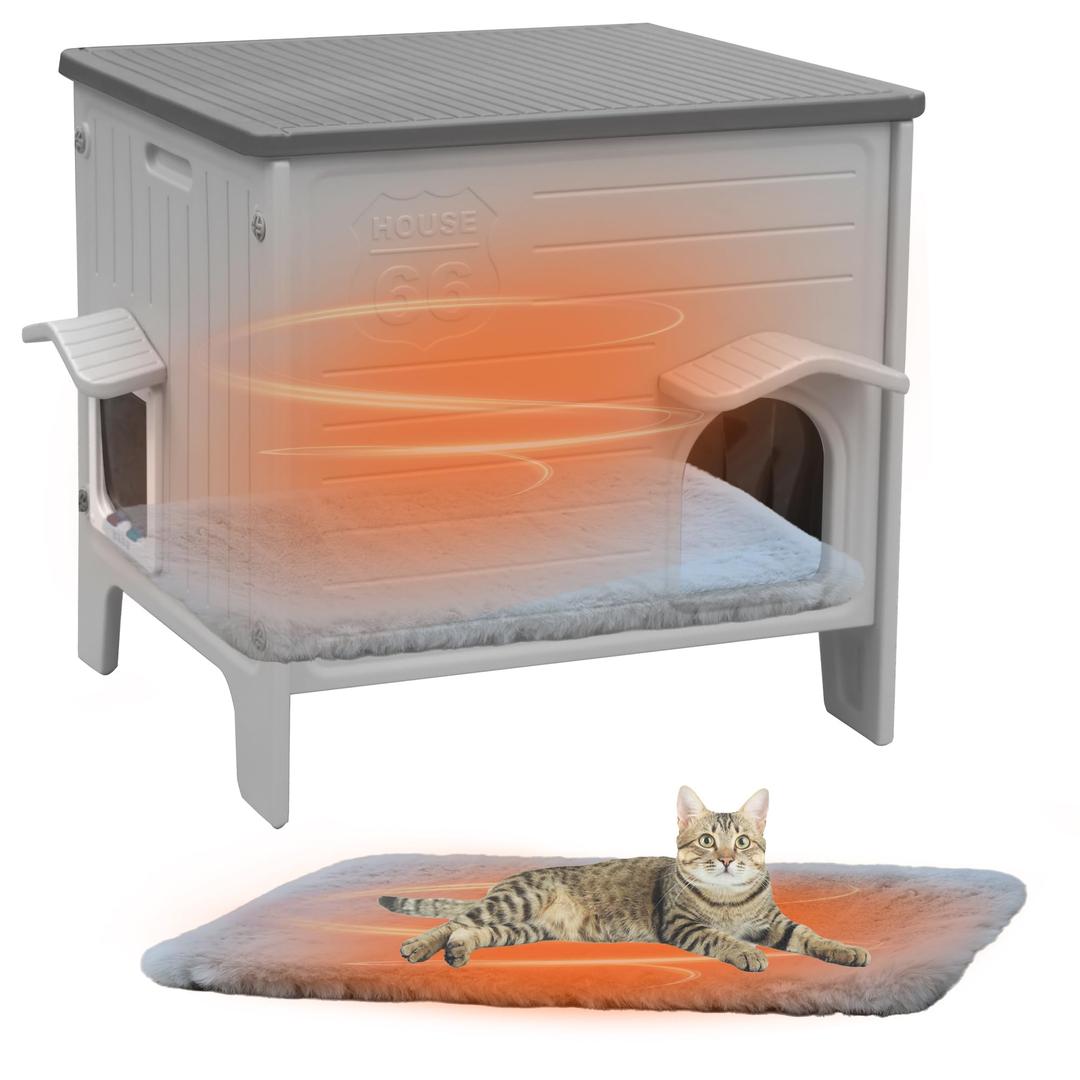 Heated Cat House Outside for WinterPlastic Cat House Waterproof for Outdoor, Feral Cat Shelter with Escape Door, Easy to Assemble Easy to Clean