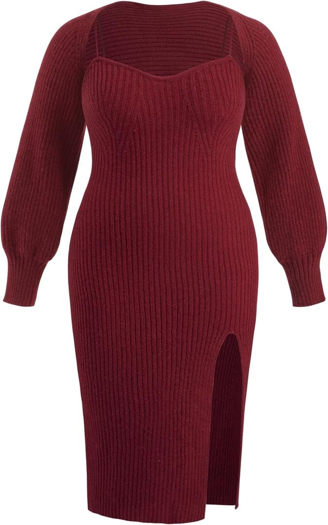 CIDER Plus Size 2 Piece Sweater Dresses for Women Long Sleeve Midi Dress Slit Winter Pullover Wedding Guest Outfits (4X, Red)