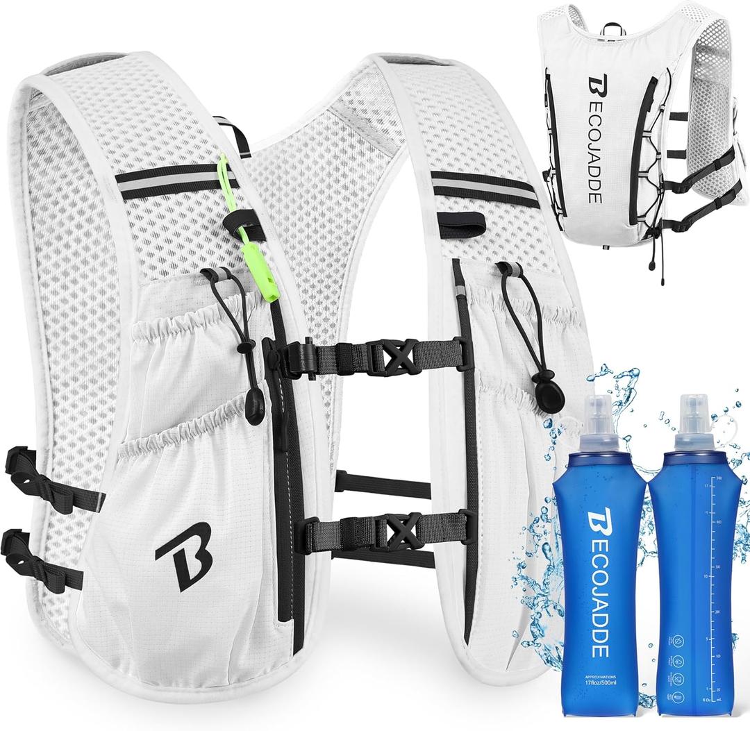 BECOJADDE Running Vest Hydration Backpack for Men Women, 5L Lightweight Running Backpack Hydration Pack for Marathon, Trail, Cycling, Hiking, Jogging (5l Running Vest With Two 500ml Soft Water Bottles, White)