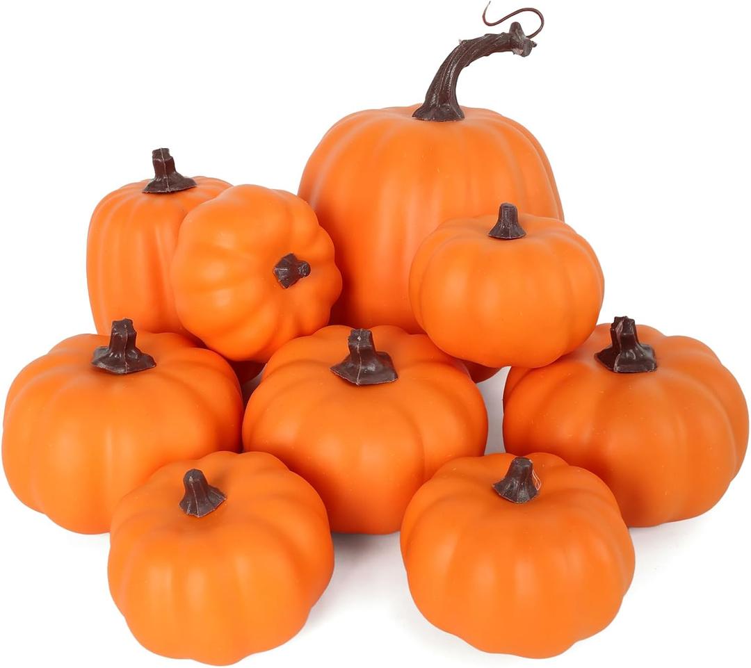 9PCS Fall Pumpkin Decor - Plastic Artificial Fake Pumpkins Used for Home Party Outdoor Decor and Thanksgiving Decorations(Orange)