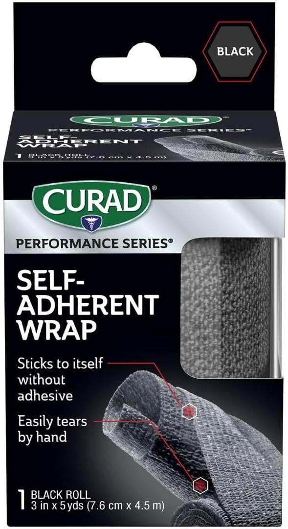 CURAD Performance Series Self-Adherent Athletic Wrap, Black, 3 inches x 5 yards, Compression Support for Sports Injuries, Joint Stability, and Muscle Recovery (1 Count (Pack of 1))