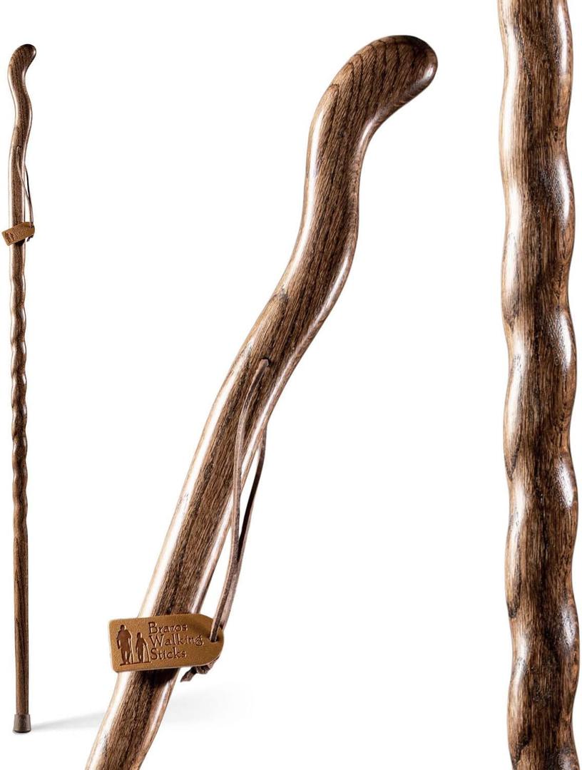 Brazos Handcrafted Wood Walking Stick, Twisted Oak, Ergonomic Style Handle, for Men & Women, Made in The USA, Brown, 48"