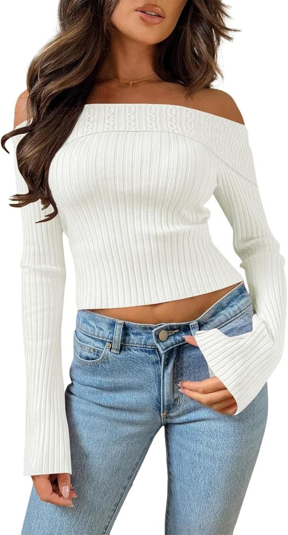 Goranbon Women's Off Shoulder Ribbed Knit Crop Sweaters Cute Wrap Long Sleeve Slim Pullover Jumper Tops (White)