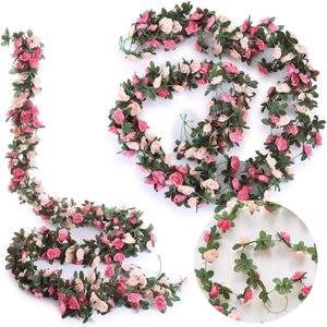 Fake Rose Vines Flowers Plants, 2 Pack 8.2 Feet Artificial Rose Flower Vine Hanging Flower Garland for Room Home Hotel Office Wedding Party Garden Craft Art Decor Pink