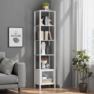 TUTOTAK 6 Tier Bookcase and Bookshelf, Narrow Book Shelf with Door for Small Space, for Living Room, Office, Study, Entryway, White BS03BW006 (6 Tier(10.7 x 15 x 65.3 Inches))