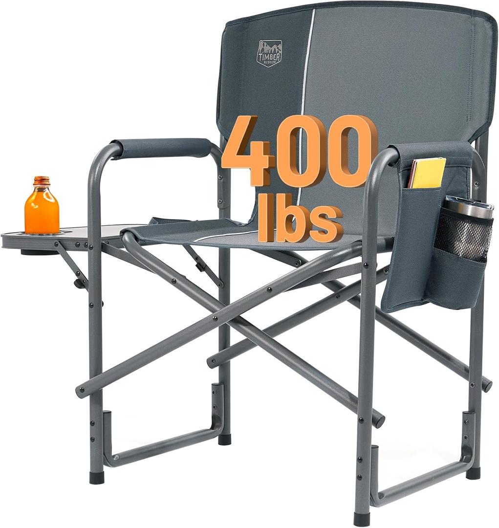 TIMBER RIDGE Aluminum Oversized Camping Chair, Lightweight Portable Directors Chair with Side Table Detachable Side Pocket for Outdoor Camping, Lawn, Picnic, Support 400lbs Gray (Grey)