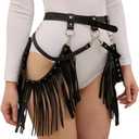 Women Punk Tassel Belt Leather Body Harness Waist Chain Gothic Caged Belt Rave Party Nightclub Costume (Black)