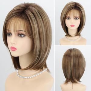 RENERSHOW Brown Short Wigs for White Women 12inch Layered Brown mix Blonde Mid-length Pixie Bob Wig with Bangs Straight Heat Synthetic Natural Daily Party Average Size Wig