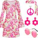 60s 70s Disco Outfit Hippie Costume Women, 1970 Style Clothes Dress Peace Sign Accessories Jewelry Halloween (Medium, Pink)