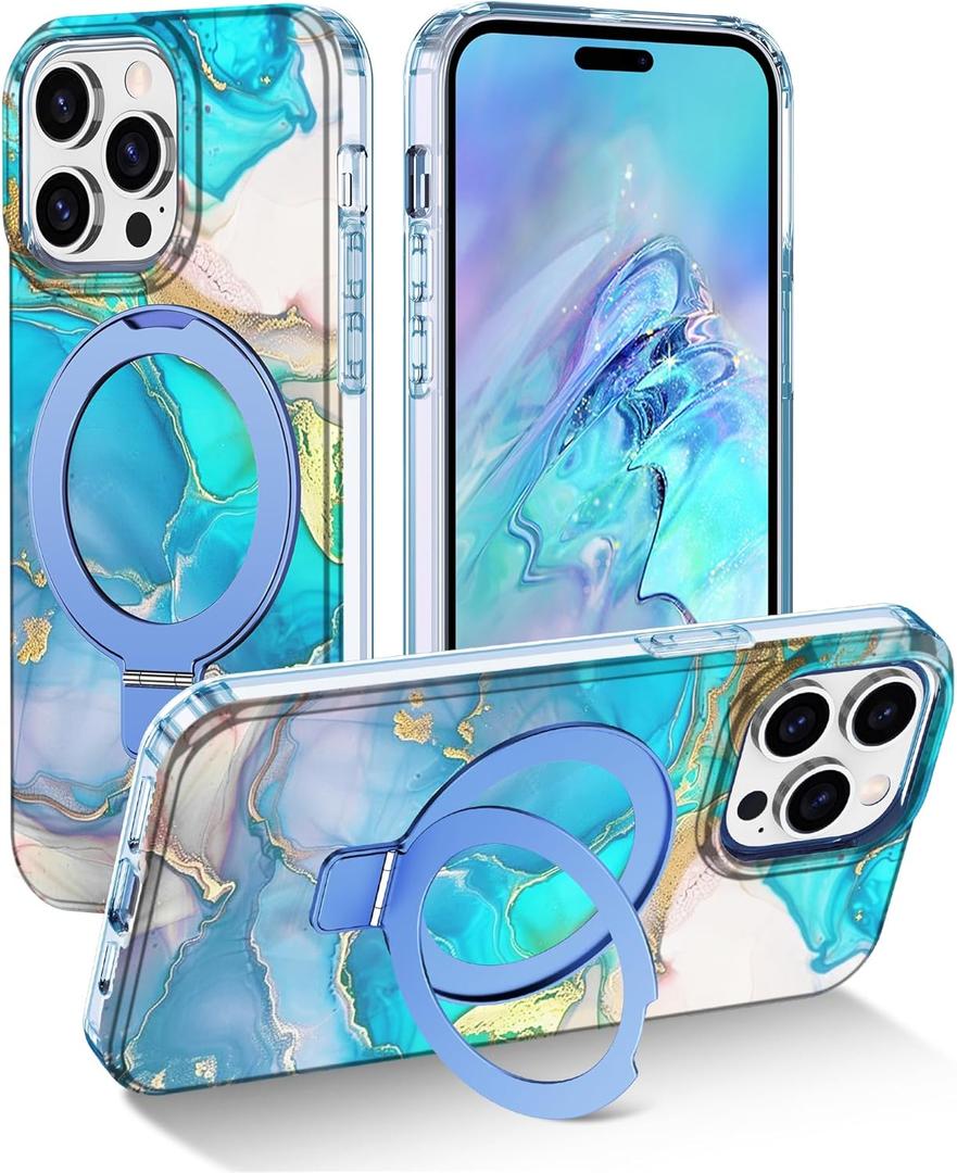 Lamcase for iPhone 14 Pro Case with Magnetic Invisible Ring Stand [Compatible with MagSafe], Full Body Rugged Slim Women Men Girl Shockproof Marble Pattern Design Case, Light Blue