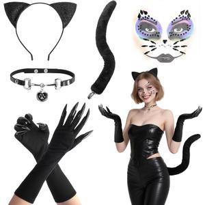 Wehhbtye 5 Pcs Halloween Cat Women Costume Accessories, Black Cat Claw Gloves Necklace Outfit Set Including Cats Face Gems Ears Headband Tail for Halloween Cosplay and Makeup Party
